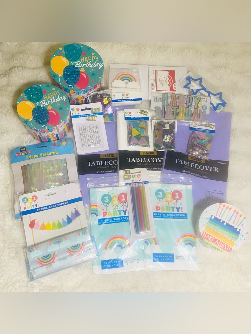 321 Party Rainbow & Purple Birthday Tableware Party 21 Pieces Candles